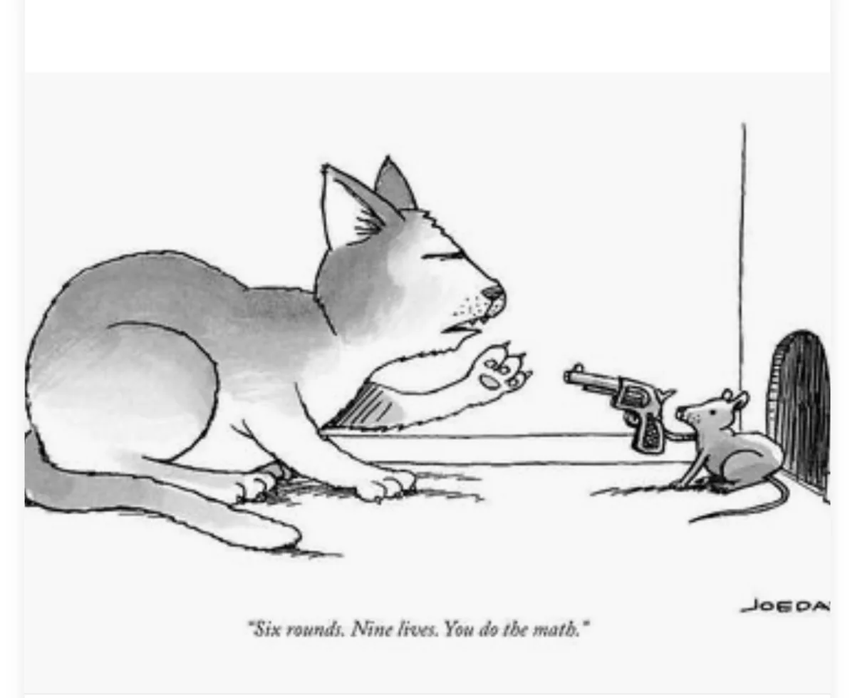 A black-and-white cartoon depicts a cat lying down, facing a mouse holding a revolver. The mouse points the gun at the cat…