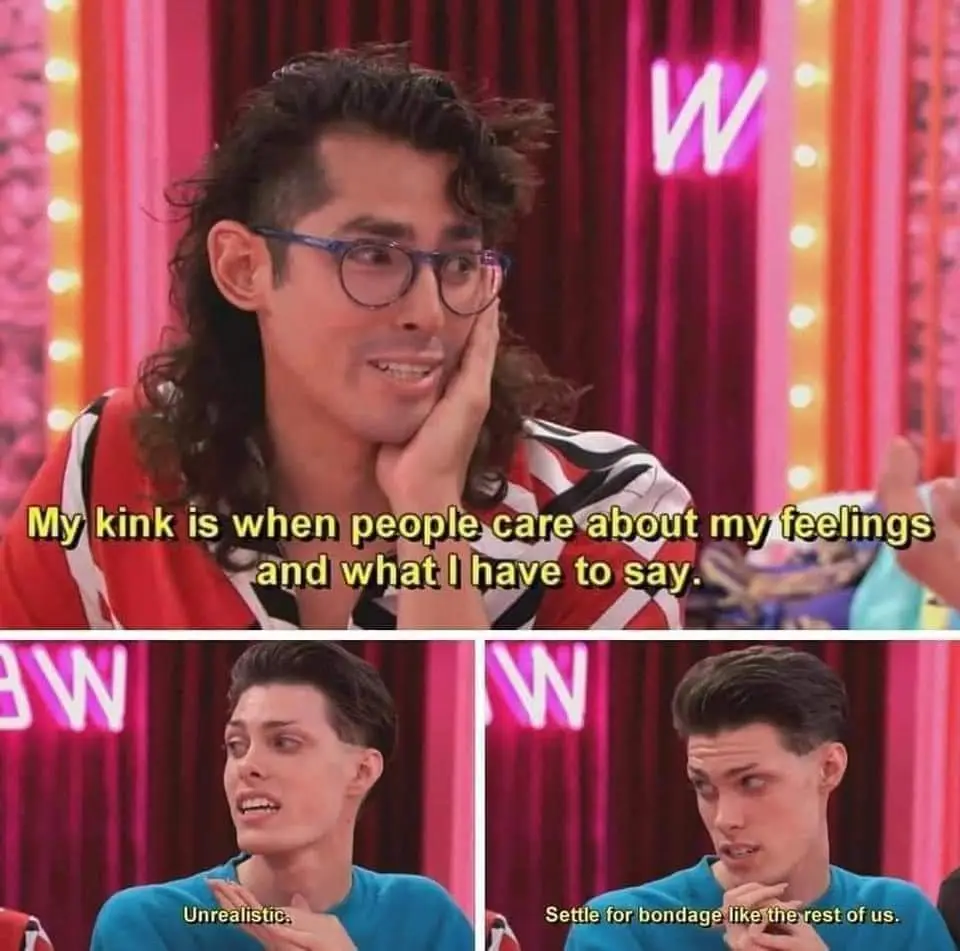 The image is a three-panel meme featuring a man with long curly hair and glasses resting his chin on his hand, saying 'My…