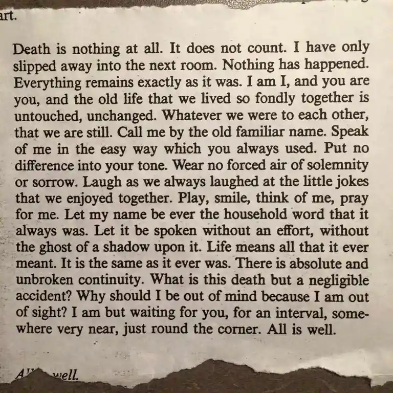 The image displays a vintage-looking, torn piece of paper with a paragraph of text printed in a classic serif font. The text…