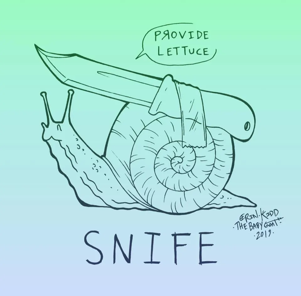 A hand-drawn snail has a knife strapped to its back, with a speech bubble saying 'PROVIDE LETTUCE'. Below the snail, the…