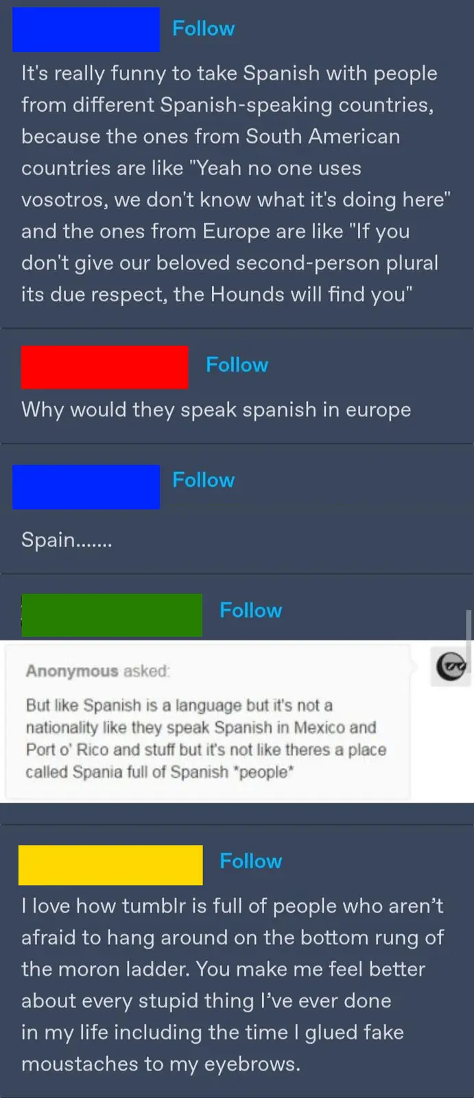 A screenshot of a Tumblr thread showing a conversation about Spanish language regional differences. The first post…