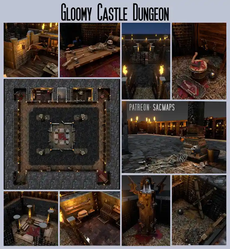 A collage of nine images showcasing a dark, medieval dungeon with stone floors, wooden torture devices, skeletons, and…