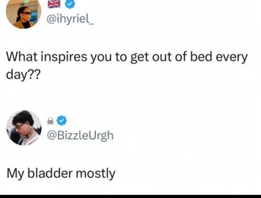 A screenshot of a Twitter conversation where user @iHyriel_ asks 'What inspires you to get out of bed every day??' and user…