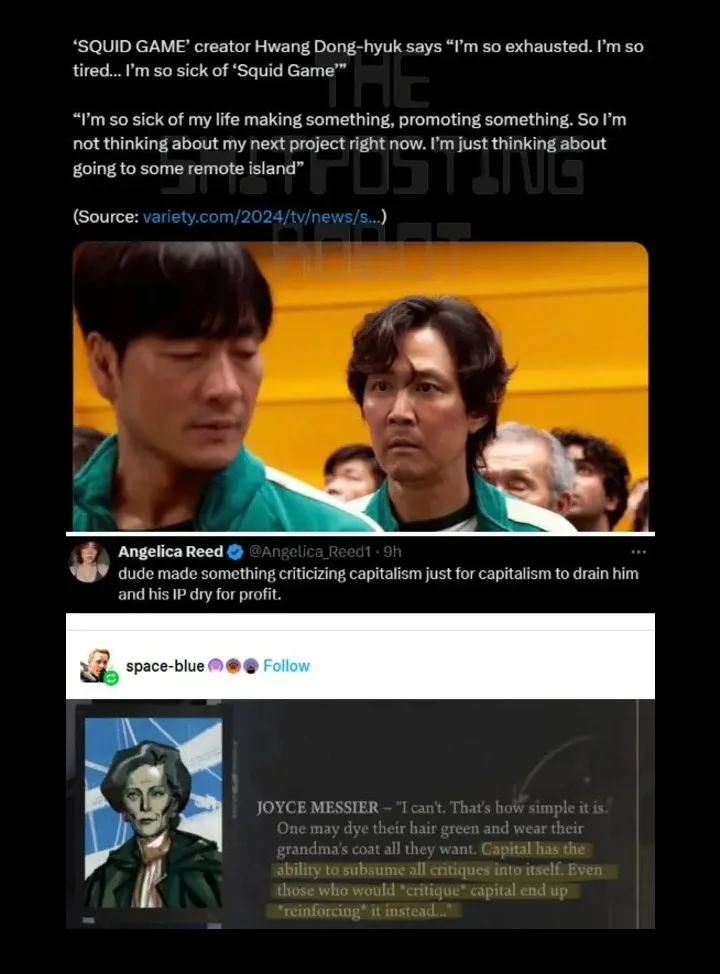 The image is a meme collage featuring a screenshot of a tweet criticizing 'Squid Game' creator Hwang Dong-hyuk for being…