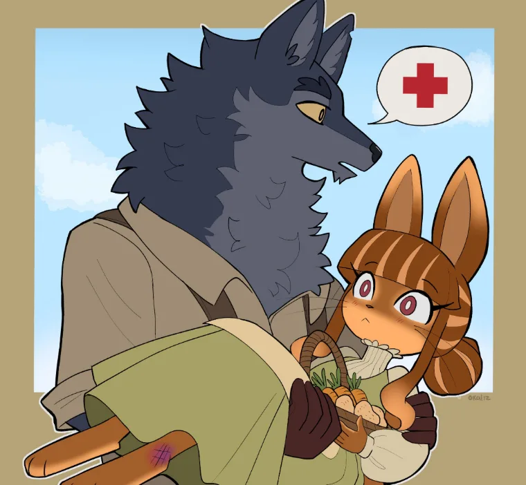 A cartoon wolf with a speech bubble containing a red cross is carrying a smaller cartoon rabbit with a basket of vegetables…