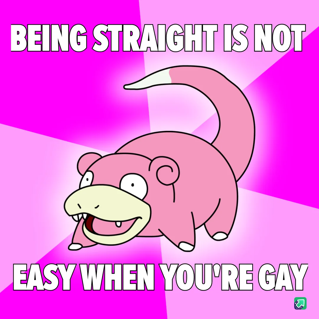 A pink cartoon Pokémon, Slowpoke, is shown against a bright pink and magenta background with radiating lines. The text…