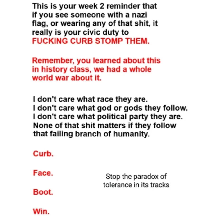 The image is a plain white background with black and red text. The text is a satirical, aggressive message urging viewers to…