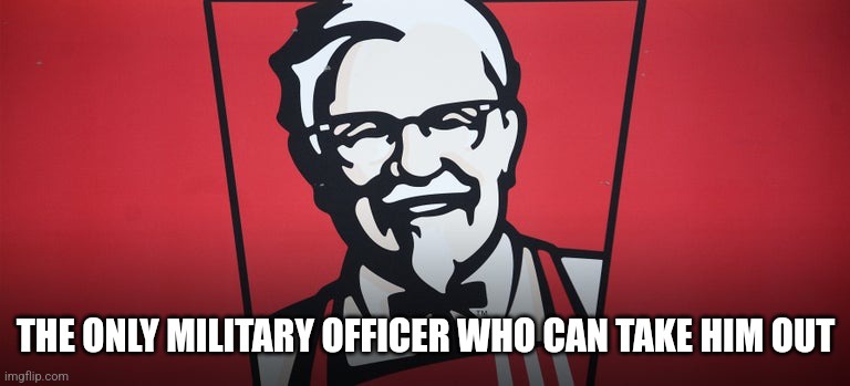 The image features the iconic stylized portrait of Colonel Harland Sanders, founder of KFC, set against a red background…