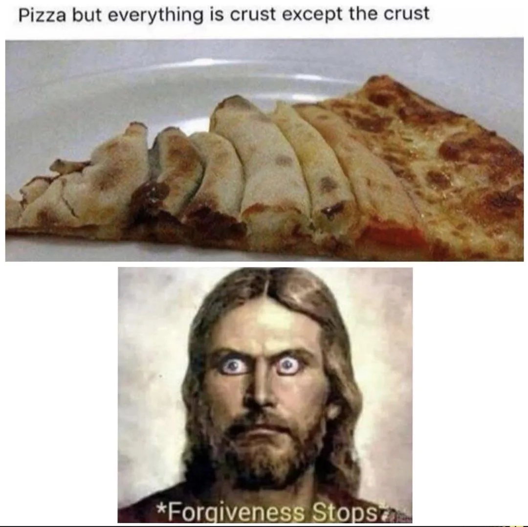 The image shows a slice of pizza with the crust folded over the toppings, making the crust appear to be the only non-crust…