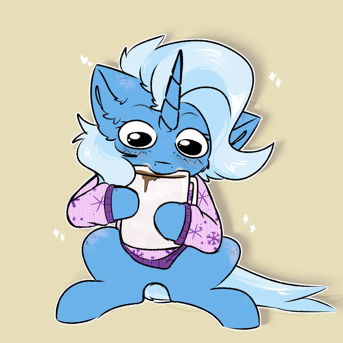 A cute, blue, cartoonish unicorn-like creature with large eyes and a fluffy mane is sitting and holding a white mug with…