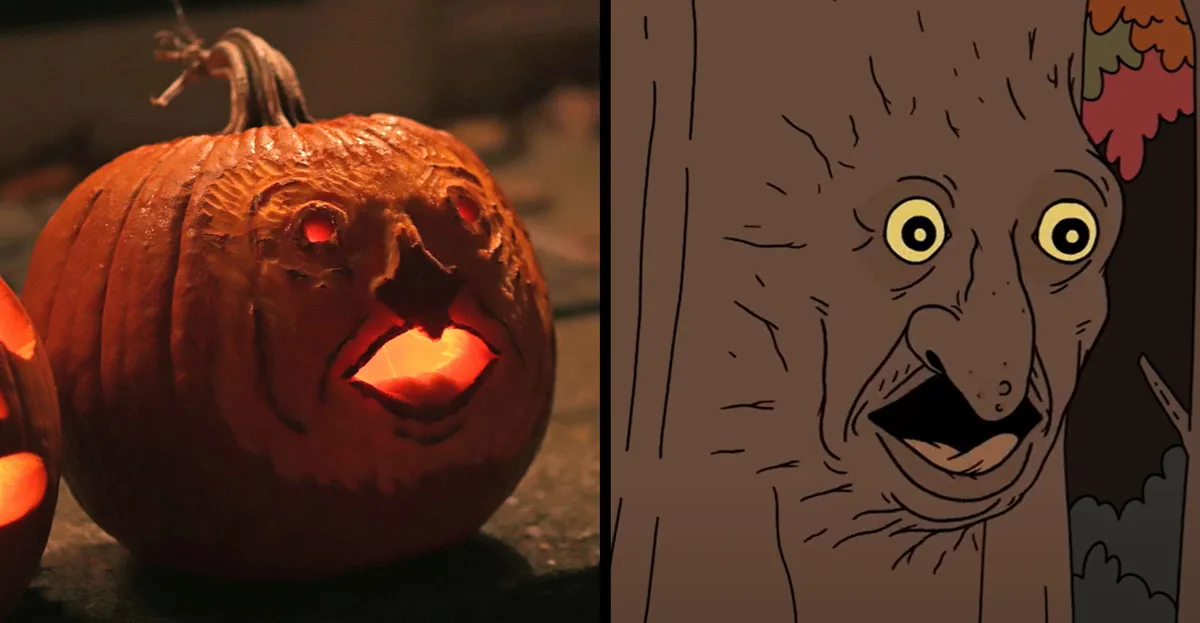 The image is split: left side shows a carved, glowing jack-o'-lantern with a menacing face, right side shows a cartoon…
