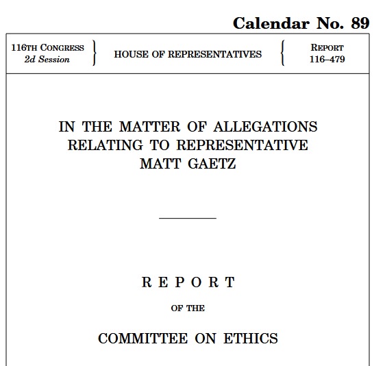 The image displays the official cover of a U.S. House of Representatives ethics committee report titled 'IN THE MATTER OF…