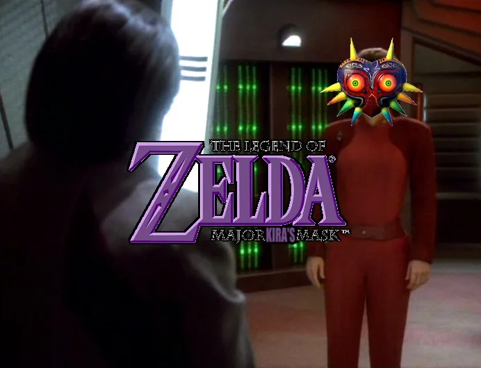 A person in a red jumpsuit stands facing another person whose back is to the camera, with a Majora's Mask superimposed over…