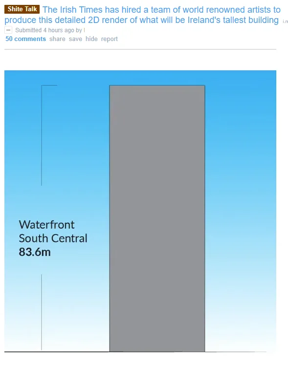 A minimalist 2D rendering shows a tall, grey rectangular building against a gradient blue sky. Text to the left labels it…