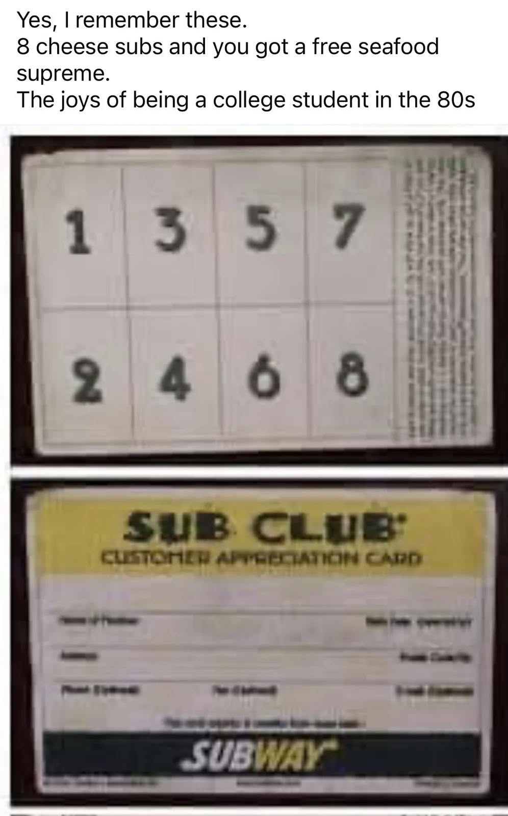 The image displays two vintage Subway promotional cards. The top card shows a grid of numbers 1 through 8, with the number 8…