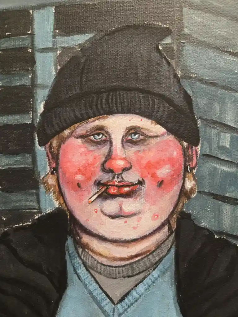 A painted portrait of a person with flushed red cheeks, blue eyes, and a cigarette in their mouth, wearing a black beanie…