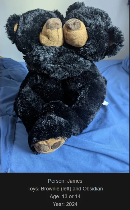 A plush black bear toy is shown sitting upright on a blue bedspread, with its head tilted slightly and eyes closed. The toy…
