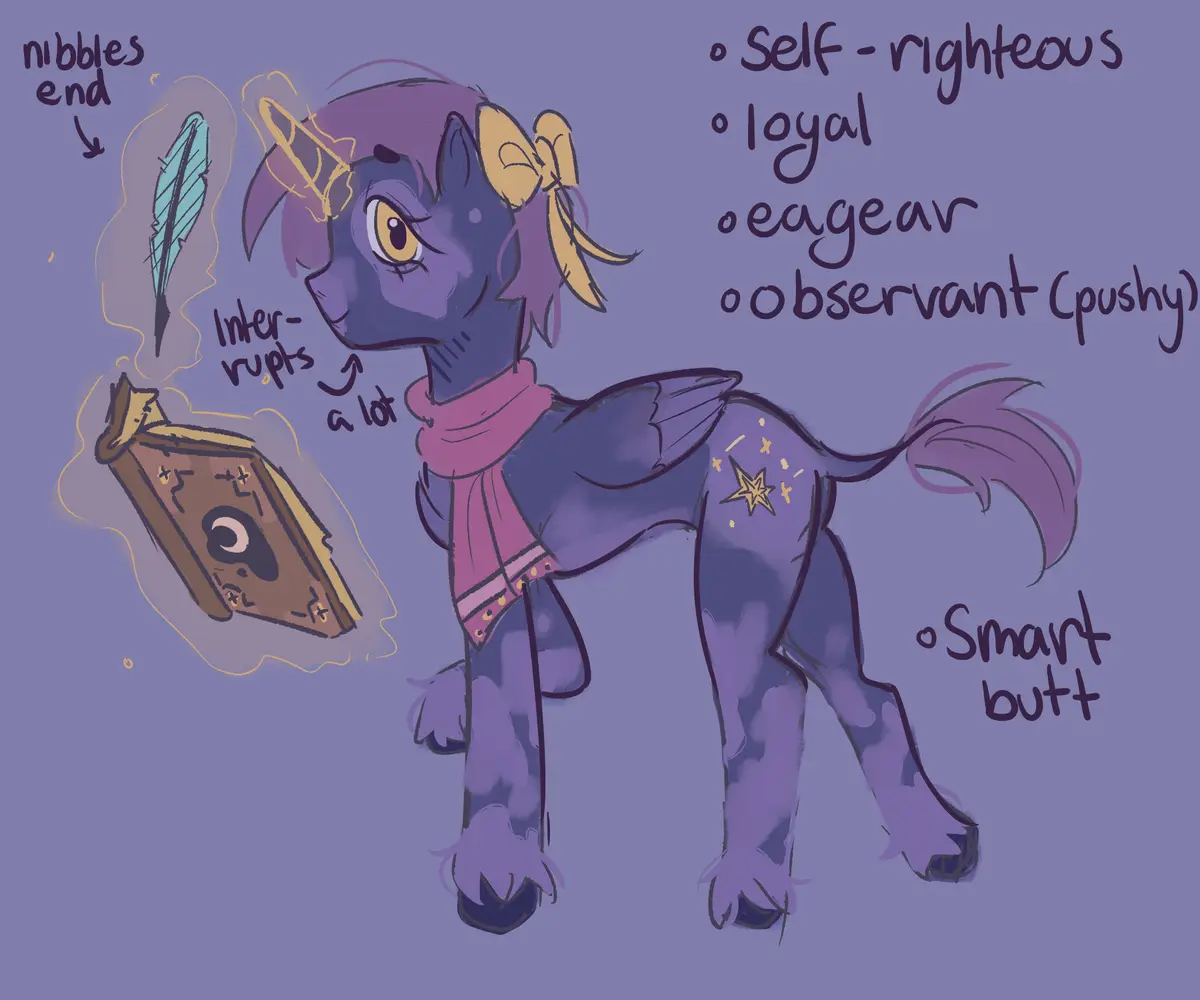A purple pony with yellow eyes and a pink scarf stands beside a floating book and feather, with handwritten text describing…