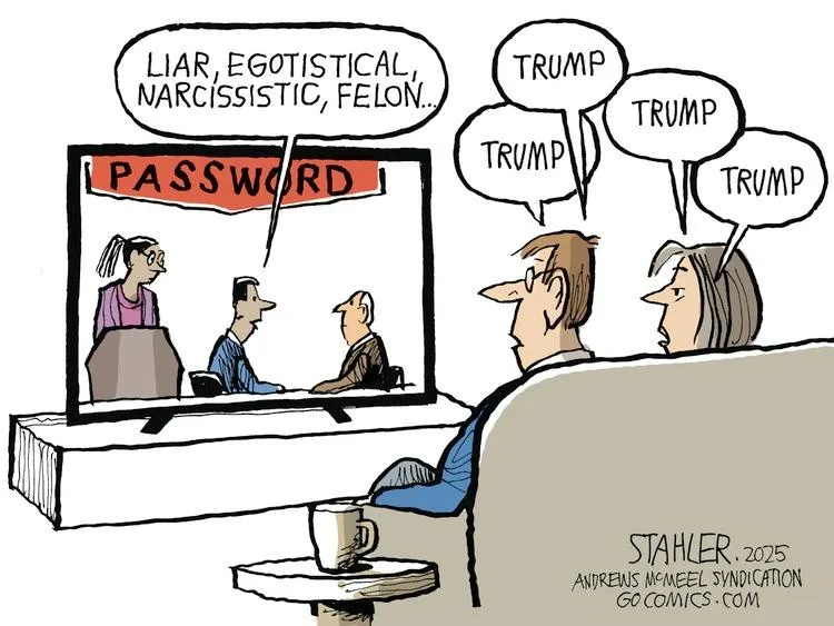 A cartoon depicts two people watching TV, where a woman on screen is accusing a man of being a liar, egotistical…