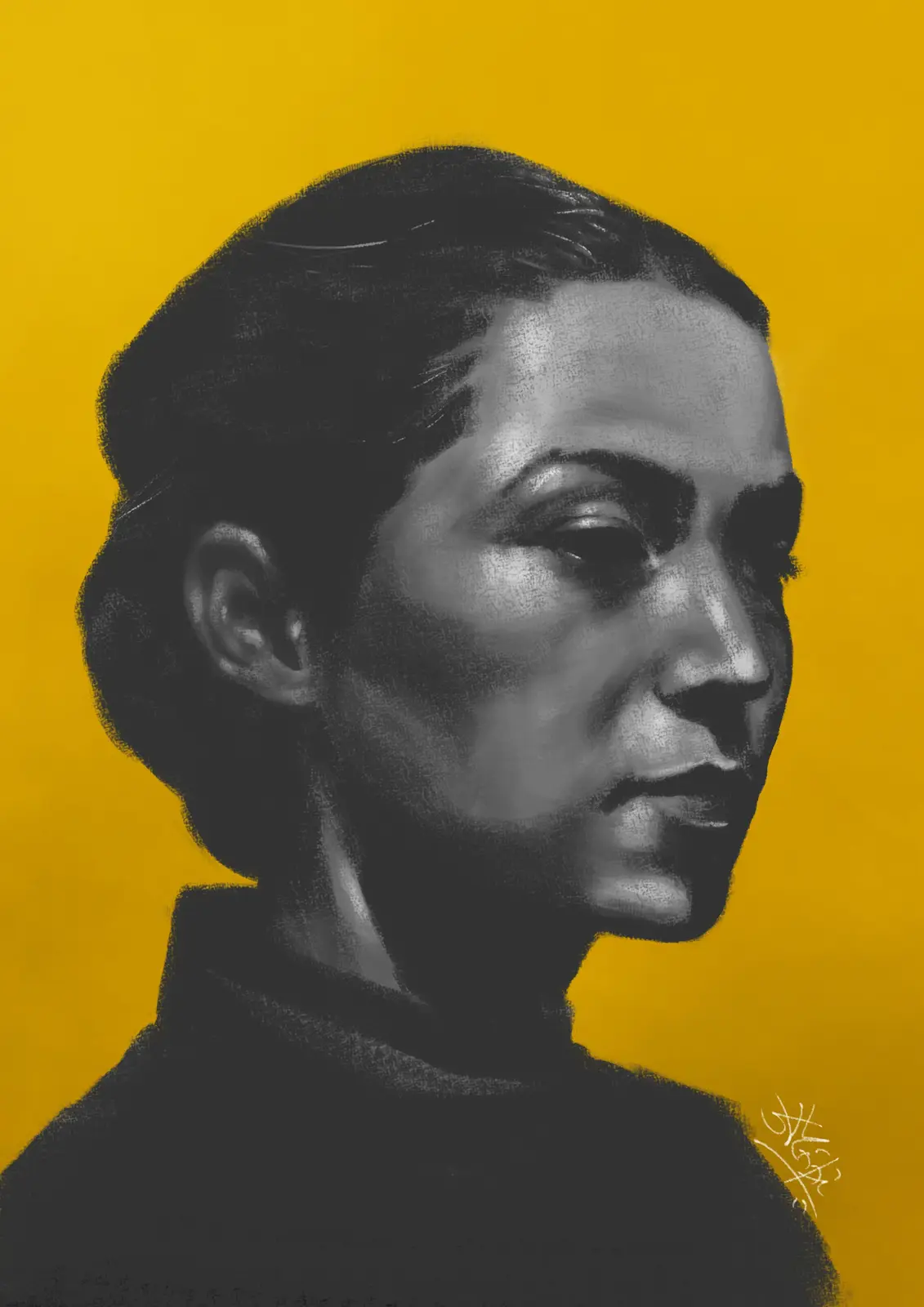 A stylized black-and-white portrait of a person with short dark hair, shown in profile against a solid yellow background…