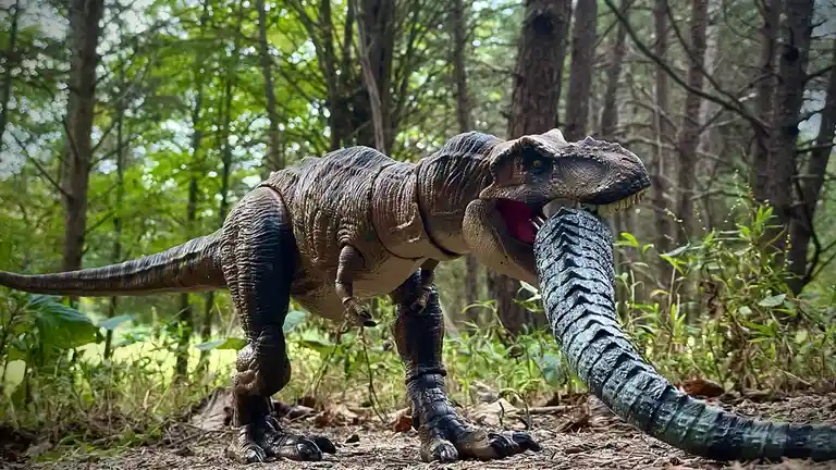 A toy Tyrannosaurus Rex is standing in a forest, its mouth open and gripping the tail of a separate toy crocodile. The scene…