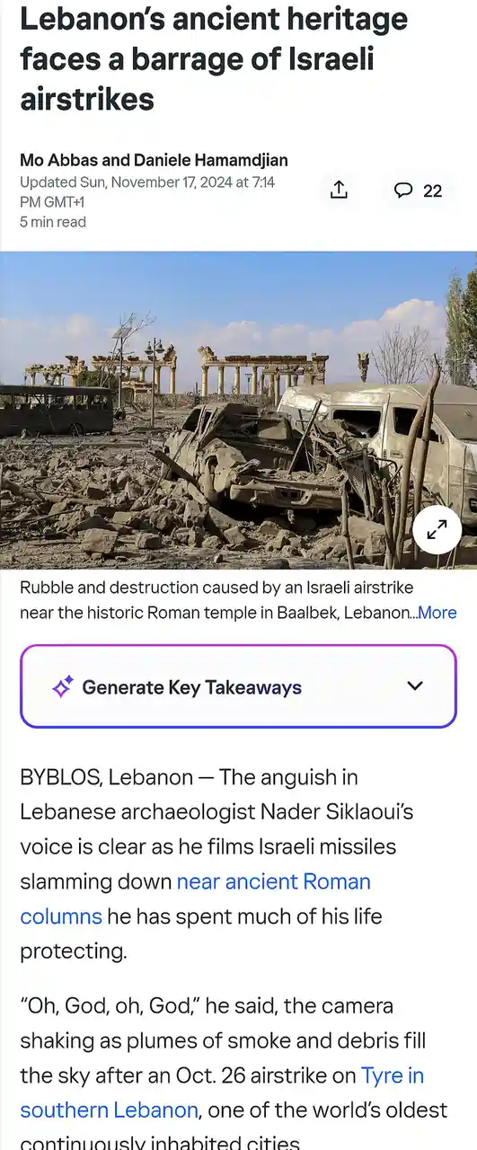 A screenshot of a news article shows a photo of destroyed vehicles and ancient Roman columns in rubble under a blue sky. The…