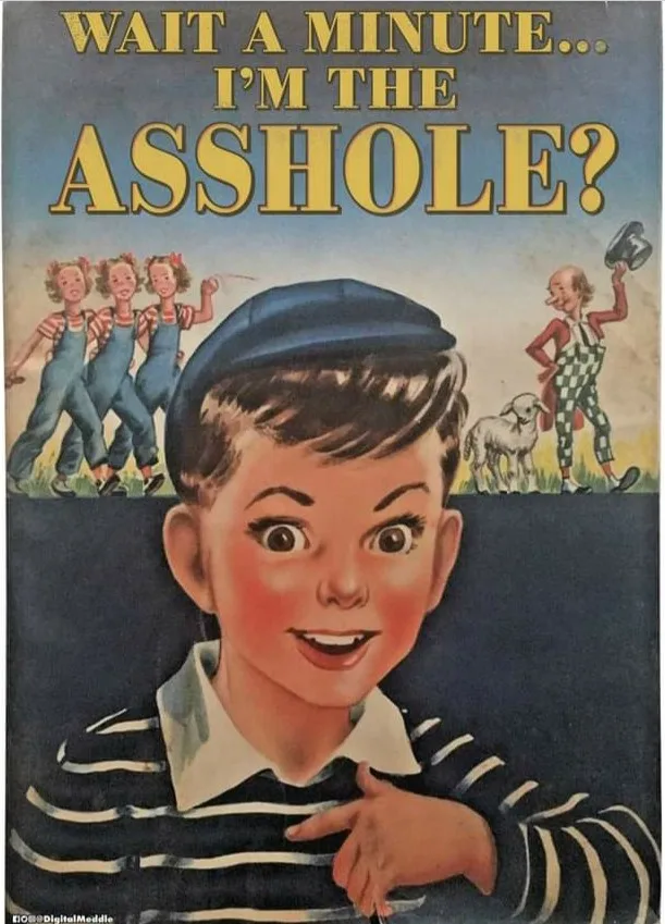 A vintage-style illustration shows a surprised-looking boy in a striped shirt and cap pointing at himself, with the overlaid…