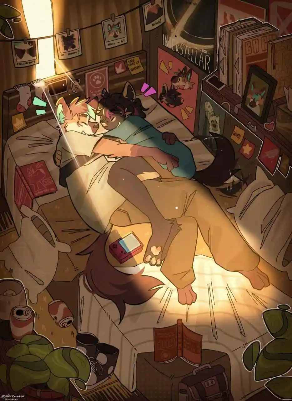 Two anthropomorphic animal characters are asleep in a messy, cozy bedroom filled with books, posters, and scattered items…