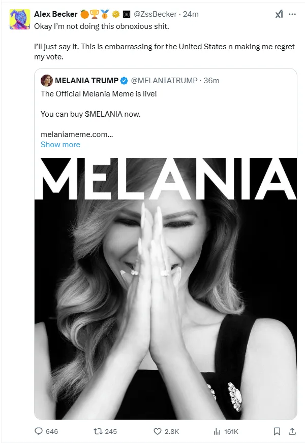 A black and white photo of Melania Trump smiling with her hands clasped over her face, overlaid with the word 'MELANIA' in…