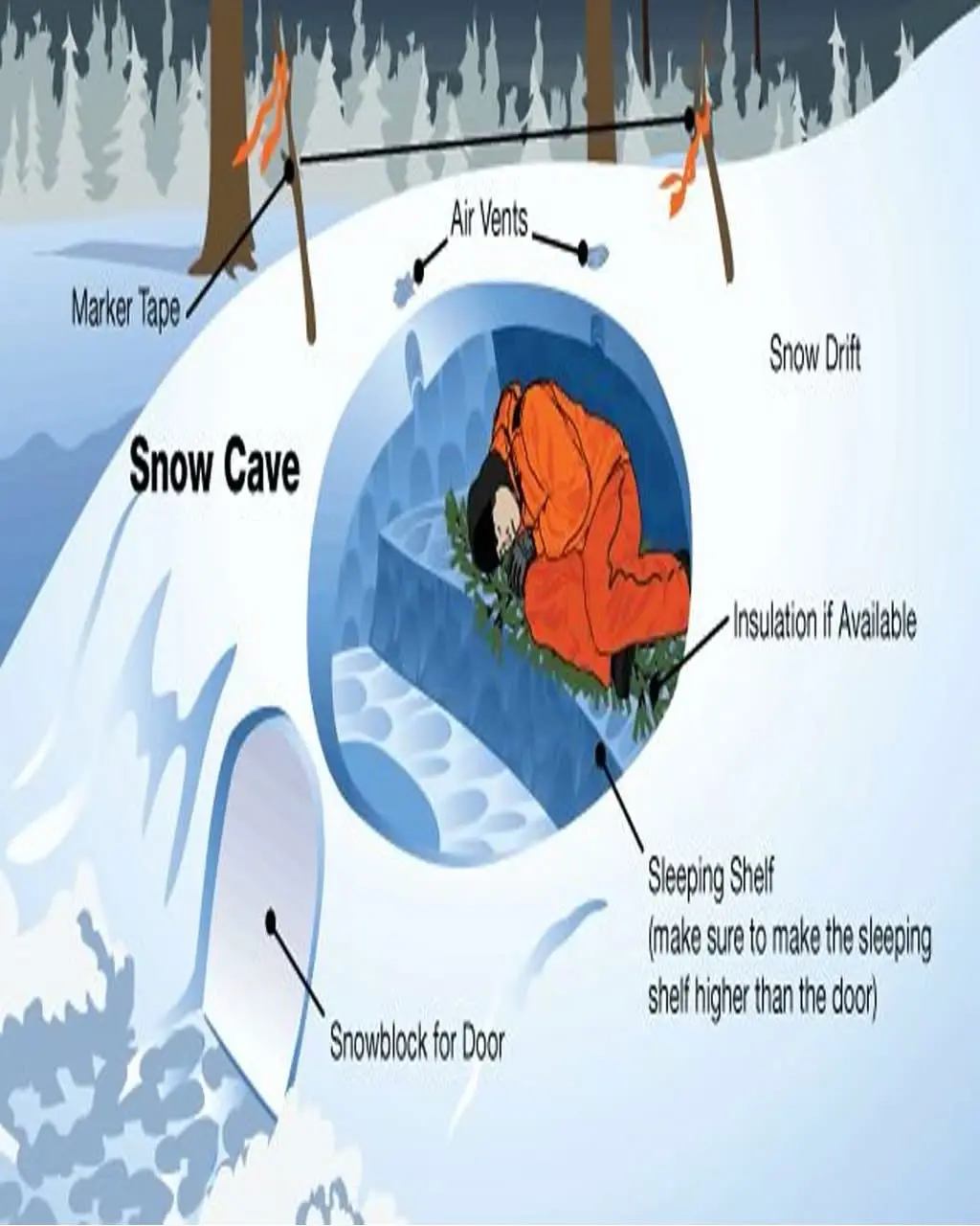 An illustrated diagram of a snow cave in a snowy forest, labeled with parts like 'Air Vents', 'Sleeping Shelf', 'Snowblock…