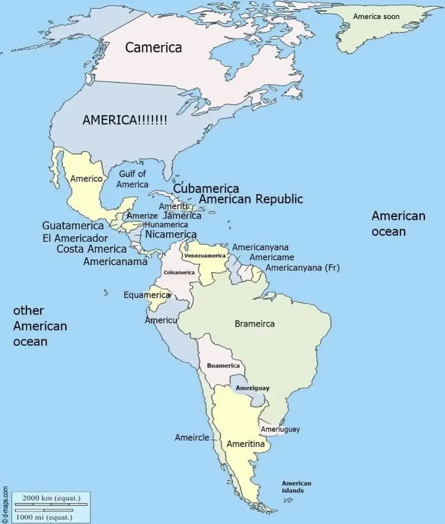 A map of the Americas with absurdly exaggerated and creatively misspelled country names like 'Camerica', 'Nicamerica', and…