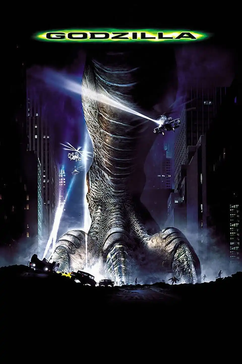 The image is a movie poster for 'Godzilla' showing the giant monster's massive foot crushing a city street at night, with…