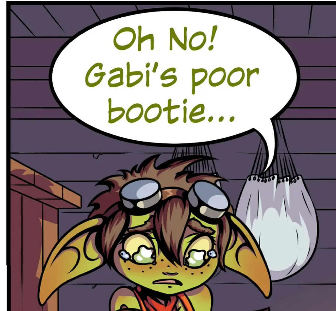 A cartoonish green-skinned character with large ears and goggles on their head looks distressed, tears in their eyes, as…