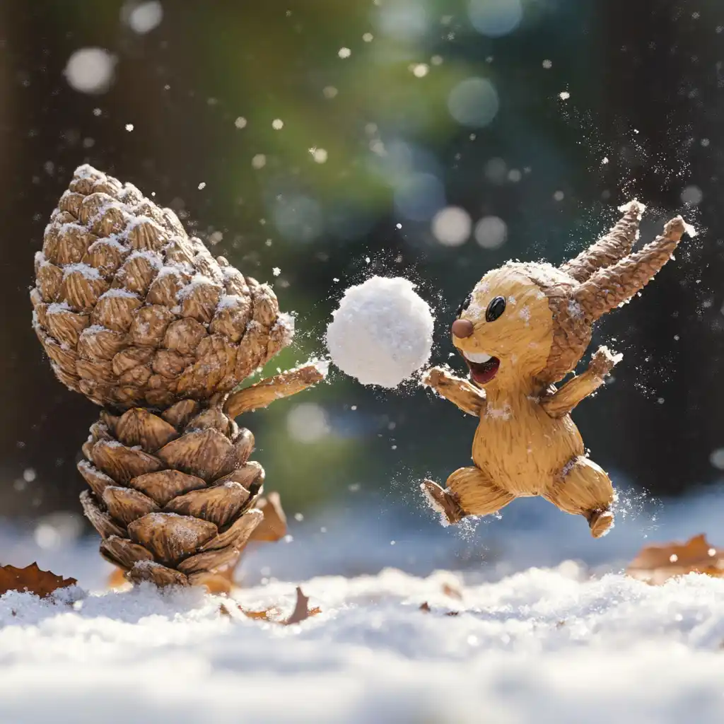 A whimsical image shows two pinecone figurines in a snowy scene, one appearing to throw a snowball at the other. The…
