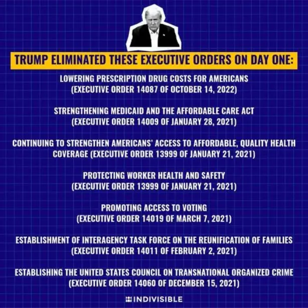 A blue grid background features a photo of Donald Trump at the top. Below, a yellow banner reads 'TRUMP ELIMINATED THESE…