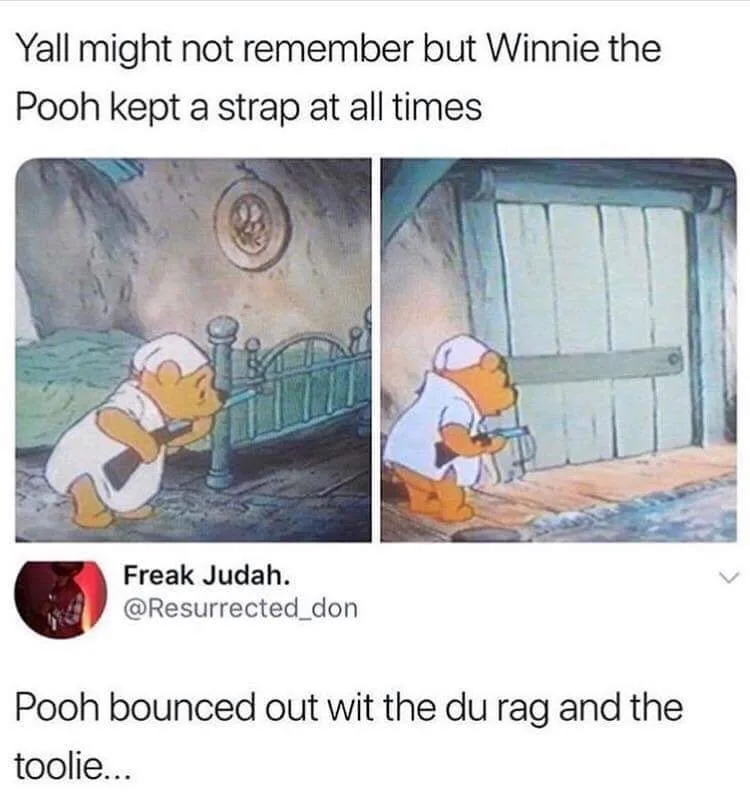 The image shows two panels of Winnie the Pooh in a white hospital gown, holding a strap in one panel and a tool in the…