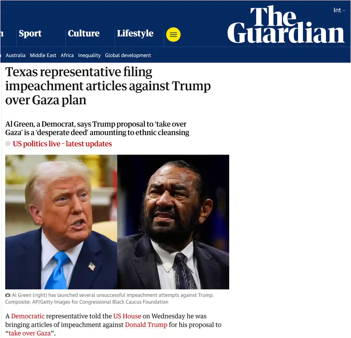 A screenshot of a The Guardian news article shows a composite image of Donald Trump and Al Green side-by-side. The headline…