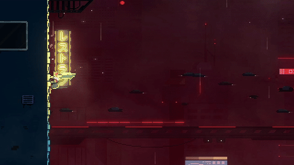 A pixel art game scene shows a character climbing a building facade in a red-hued, rainy cyberpunk city. The top panel shows…