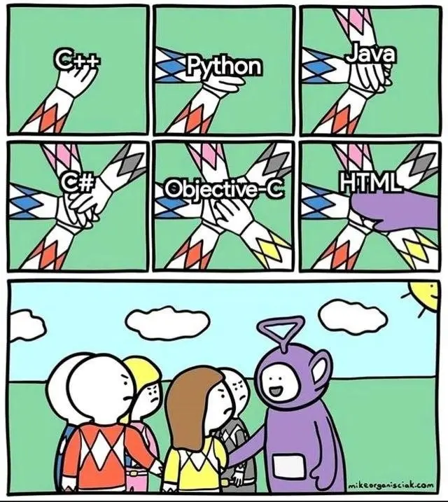 A six-panel comic strip shows various programming languages represented as hands with diamond-patterned sleeves shaking…