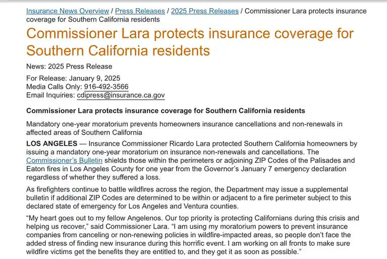 A screenshot of a 2025 press release from the California Department of Insurance, announcing a mandatory one-year moratorium…