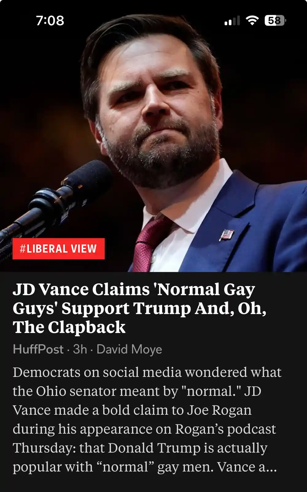 A screenshot of a HuffPost article headline about JD Vance's controversial claim that 'normal gay guys' support Trump…