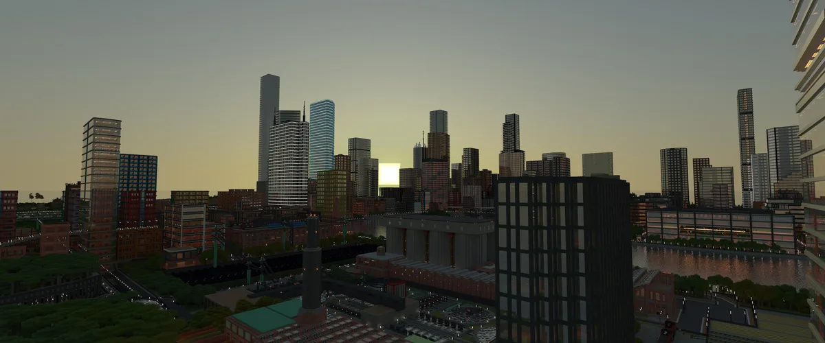 A Minecraft-style cityscape at dusk with blocky skyscrapers and a river, where the sun is replaced by a plain white square…