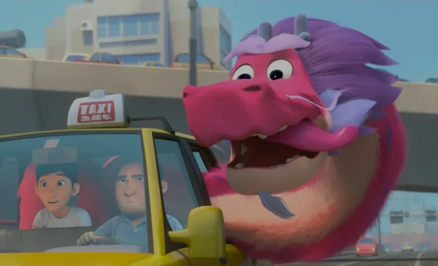 A pink, fluffy dragon with purple hair leans out of a yellow taxi cab, mouth open as if shouting. Inside the cab, two human…