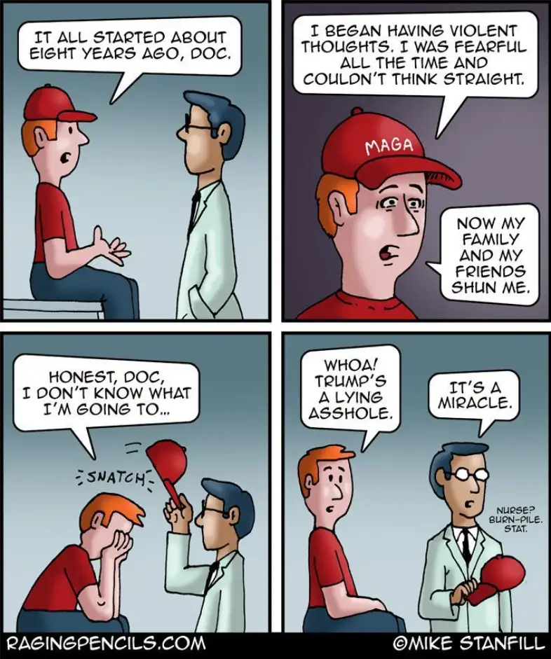 A four-panel comic strip shows a man in a red MAGA hat telling a doctor about violent thoughts and social isolation. The…