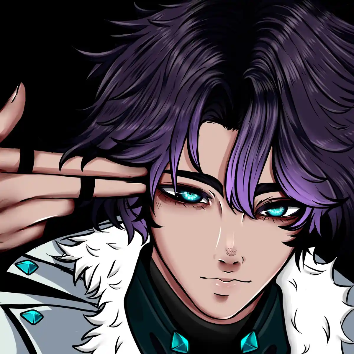 An anime-style illustration of a young man with purple hair and glowing blue eyes, wearing a white fur-trimmed coat with…