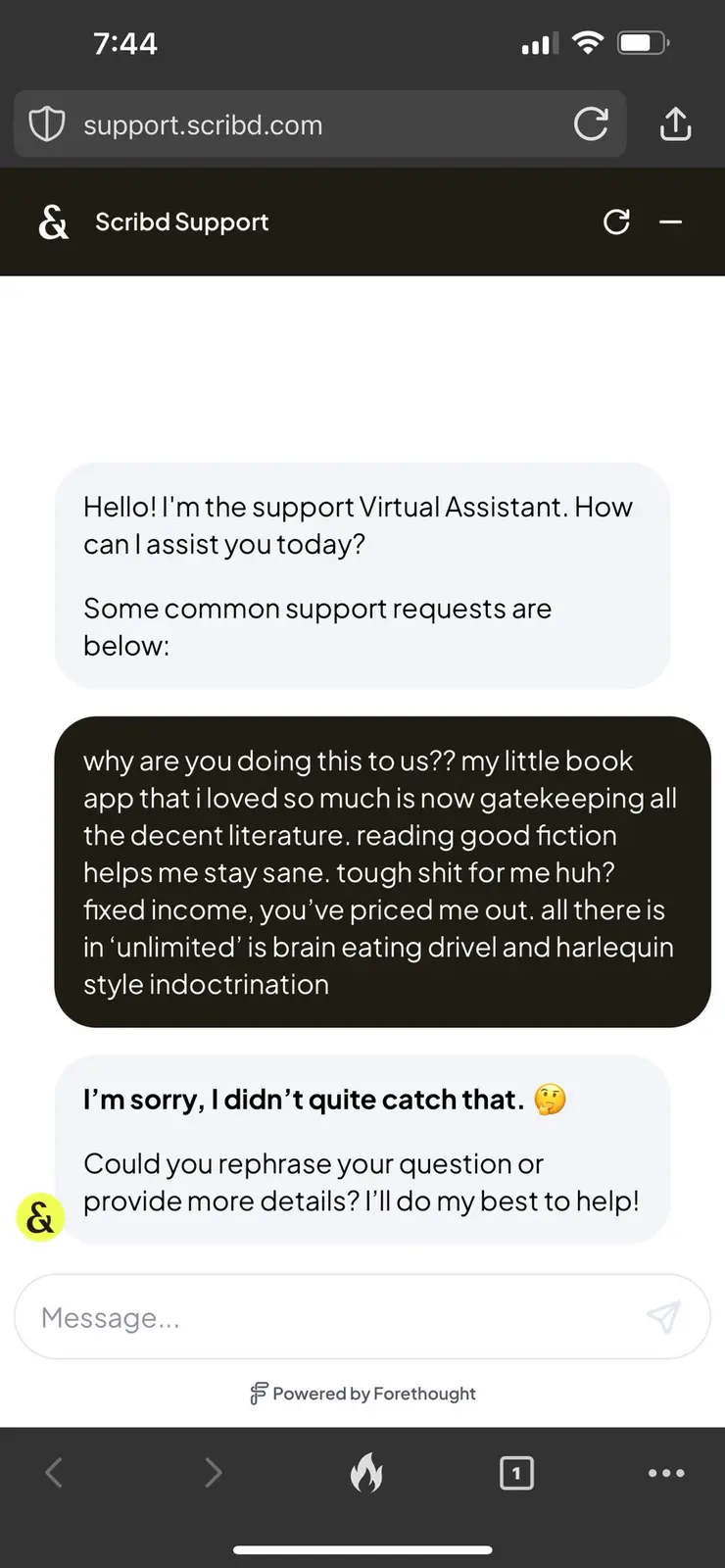 A screenshot of a chat with Scribd Support shows a user angrily complaining that the app has become gatekeeping decent…