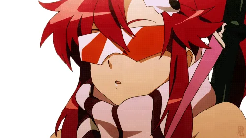 A six-panel anime sequence shows a red-haired character with a red and white visor, initially looking down with a bored…