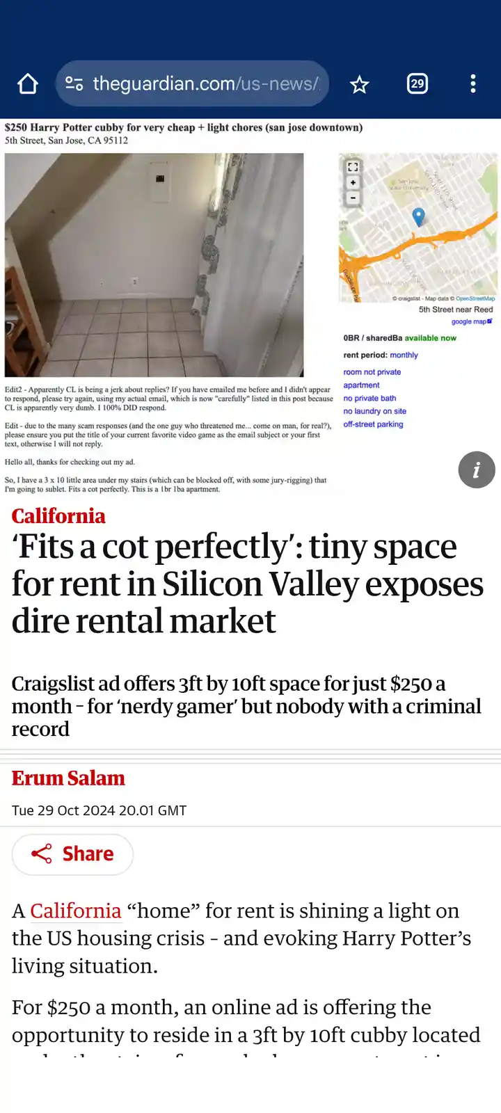 A screenshot of a Guardian article about a $250/month Craigslist ad for a 3ft by 10ft cubby under stairs in San Jose…