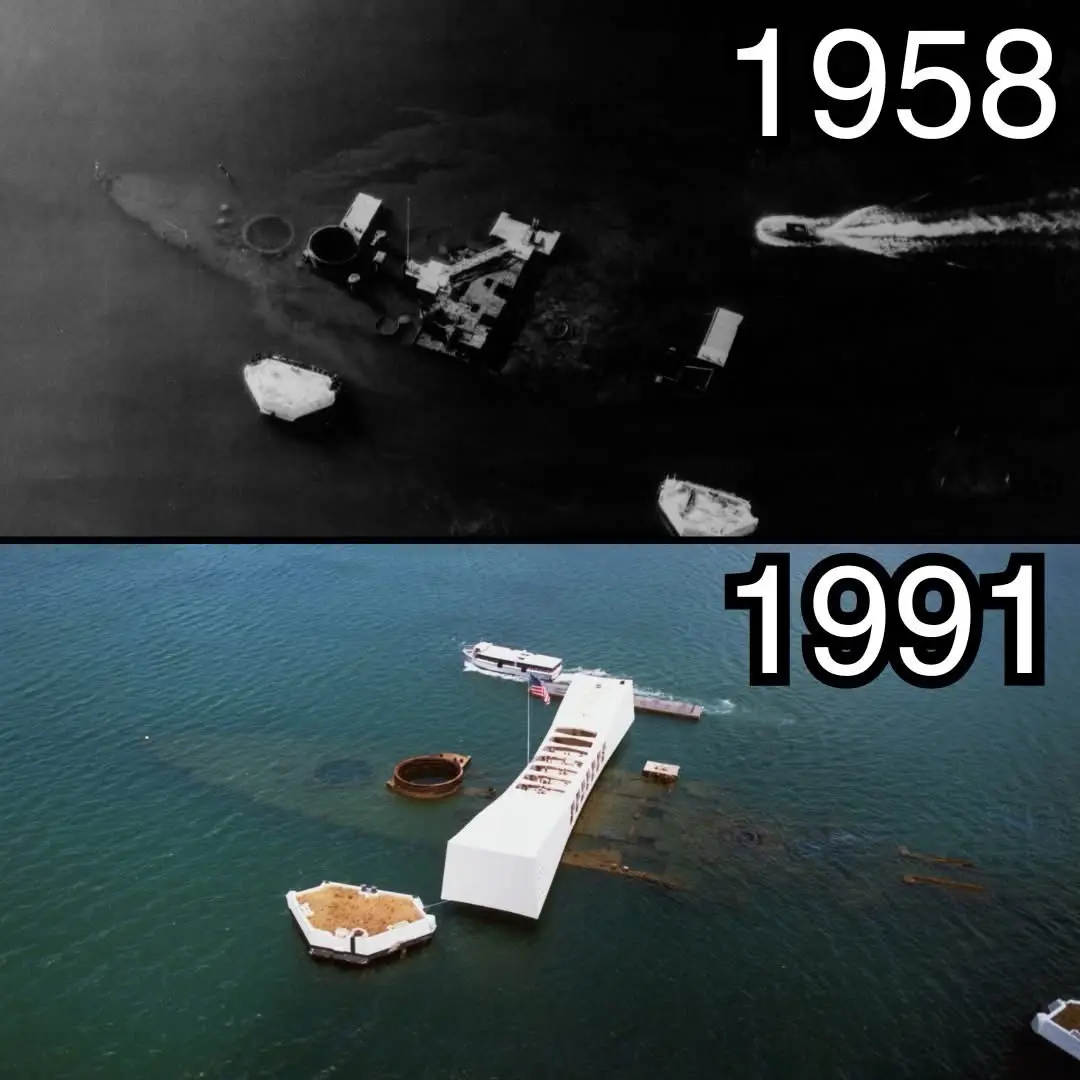 The image is a two-panel comparison showing the USS Arizona Memorial site at Pearl Harbor. The top panel, labeled '1958', is…