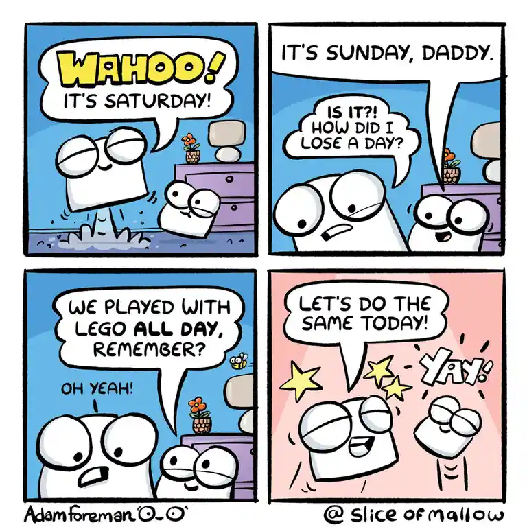A four-panel comic strip featuring two white, marshmallow-like characters. In the first panel, a larger character exclaims…